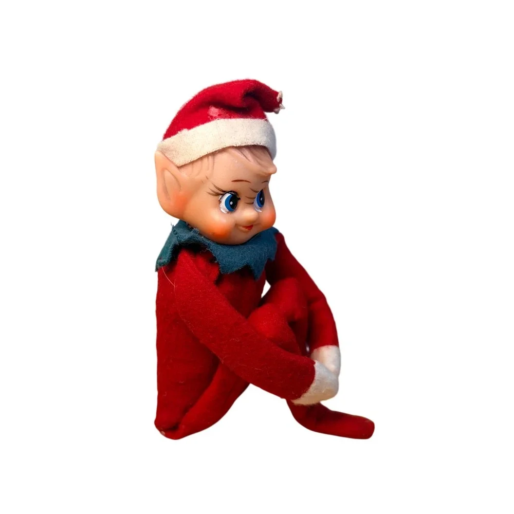 Vintage Christmas Elf Knee Hugger 1960s Red Felt Rubber Face Kitsch Decor